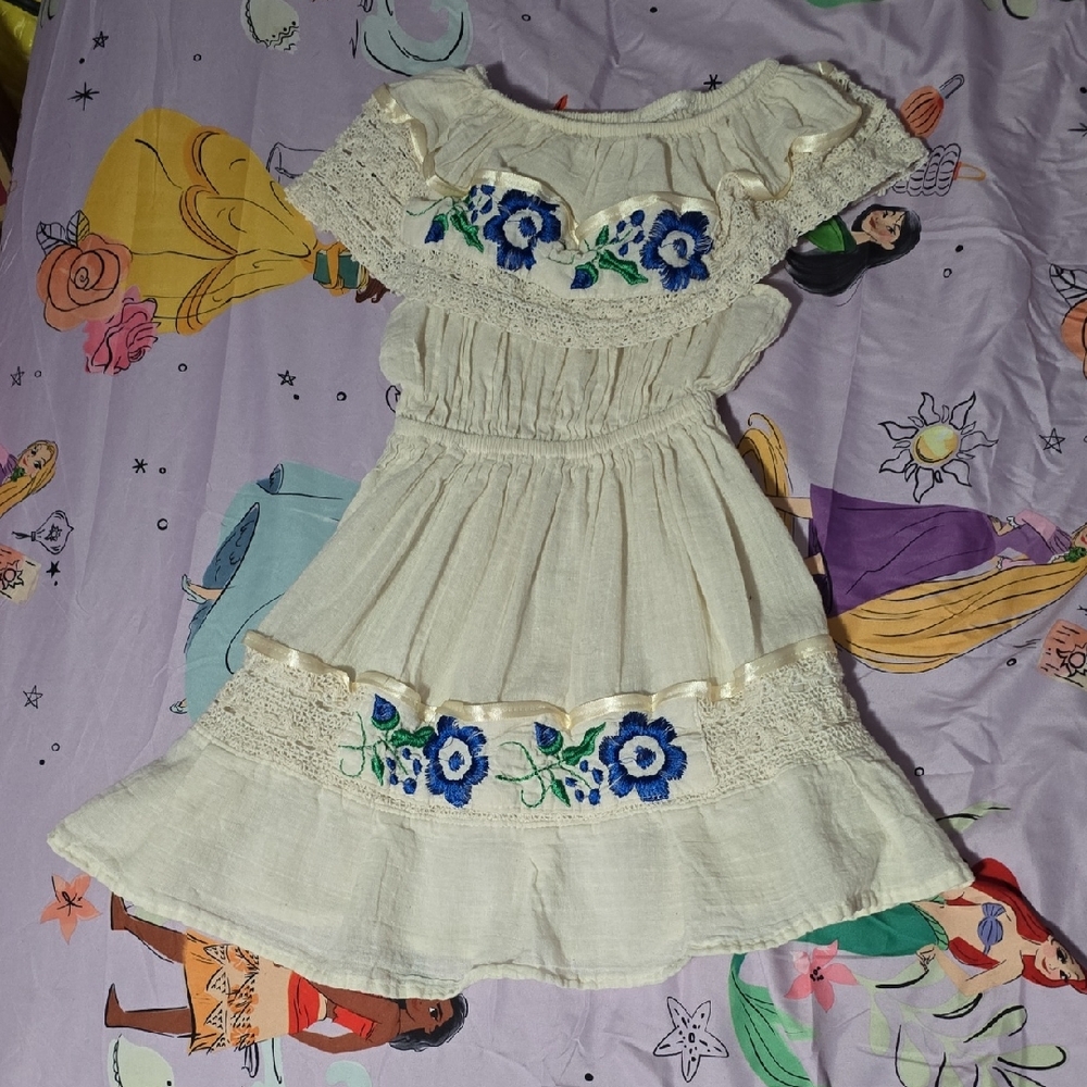 Floral Embroidered Kids Dress - Cream and Blue